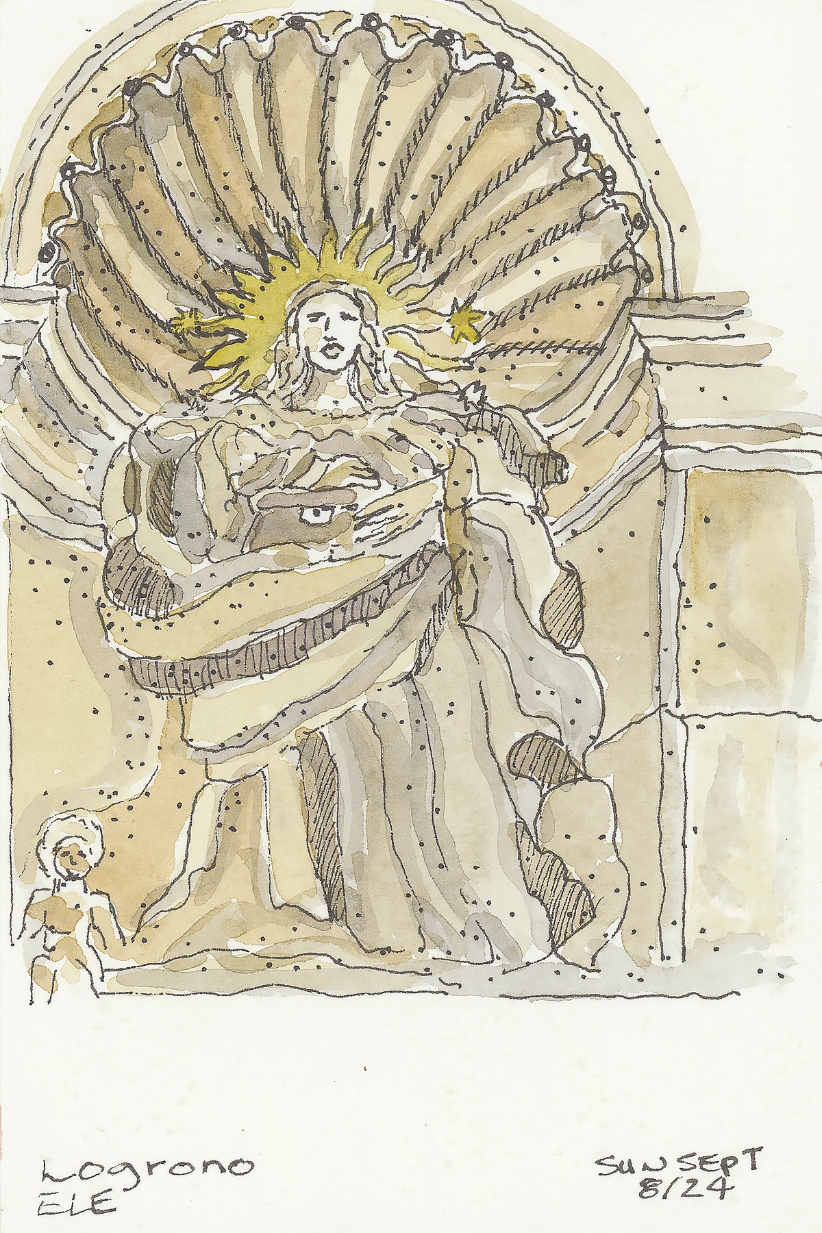 Camino watercolor of a golden statue in Logroño, Spain, set within a shell-shaped niche