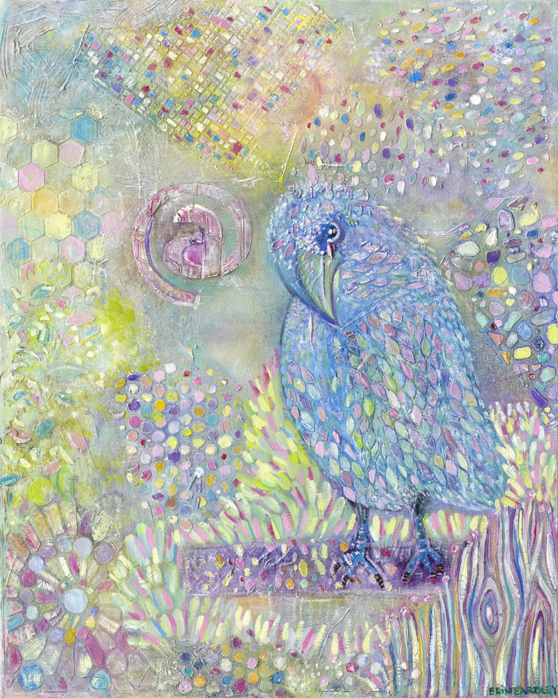 Abstract oil painting of a blue bird with mosaic textures and soft colors