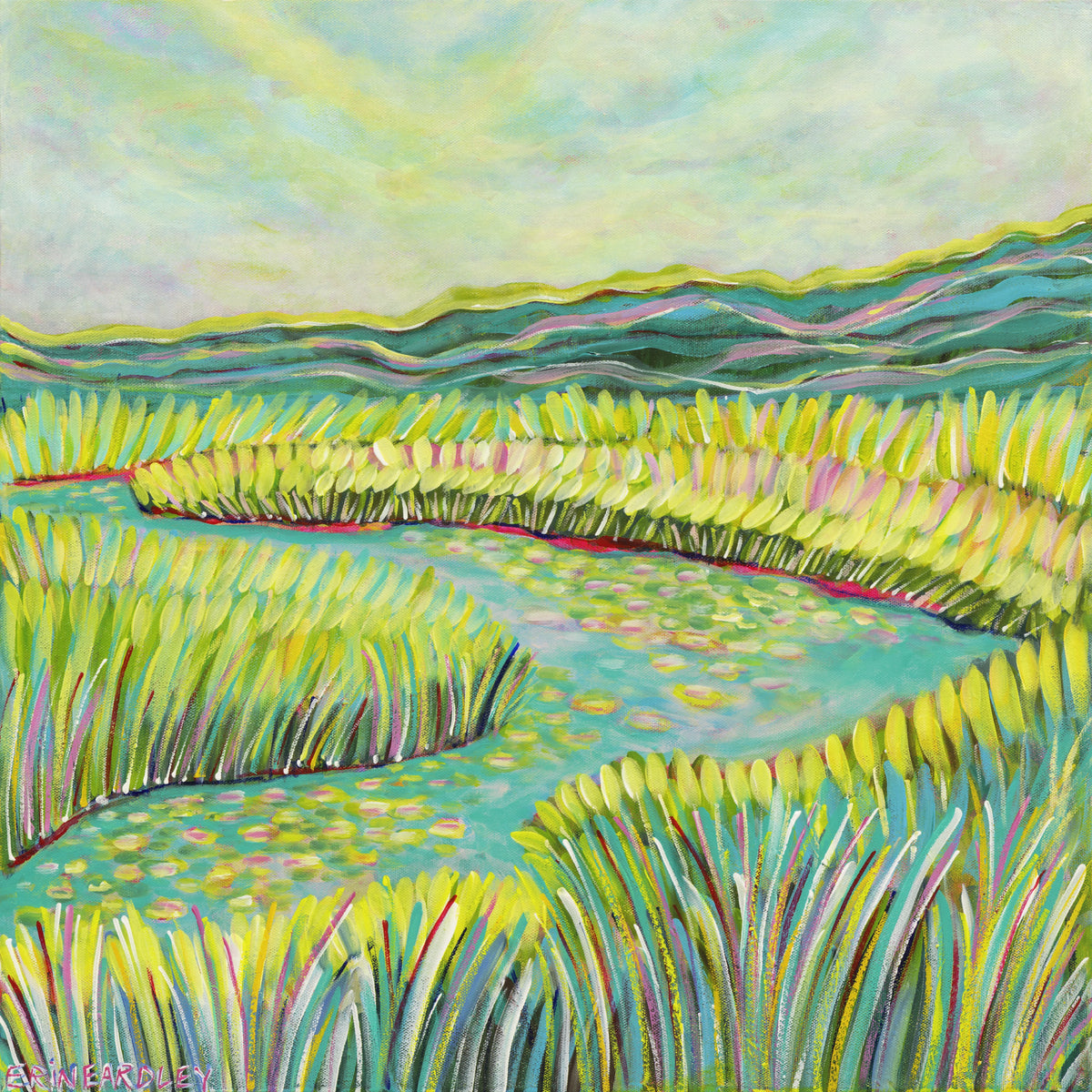 Colorful landscape painting of winding waterway surrounded by tall green grass and distant hills