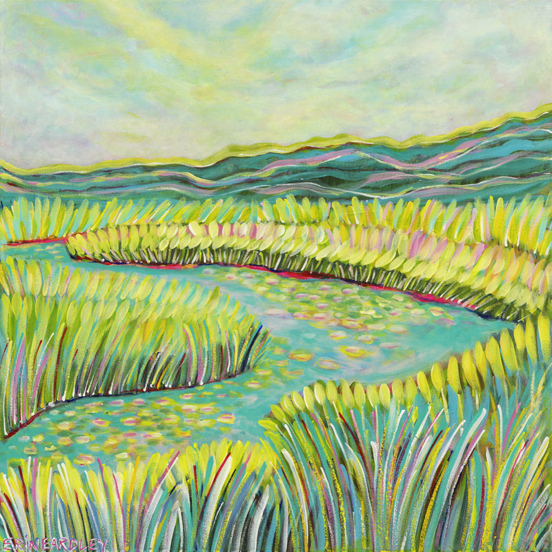 Colorful landscape painting of winding waterway surrounded by tall green grass and distant hills