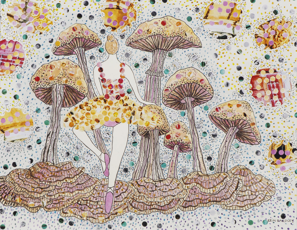 Hole Punch artwork showing ballerina dancing among whimsical mushrooms