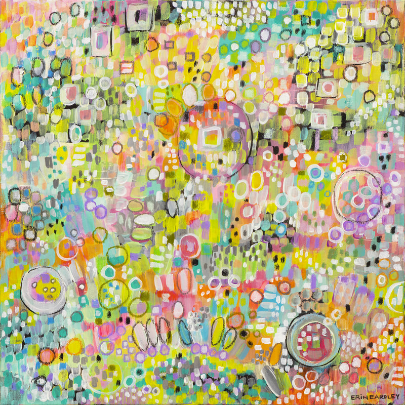 Abstract painting with colorful geometric shapes and overlapping patterns