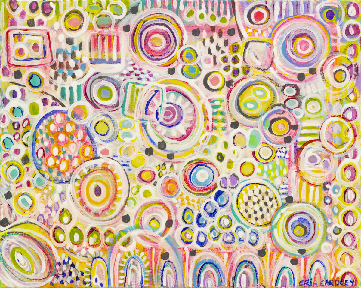 Abstract painting with colorful geometric shapes and overlapping patterns