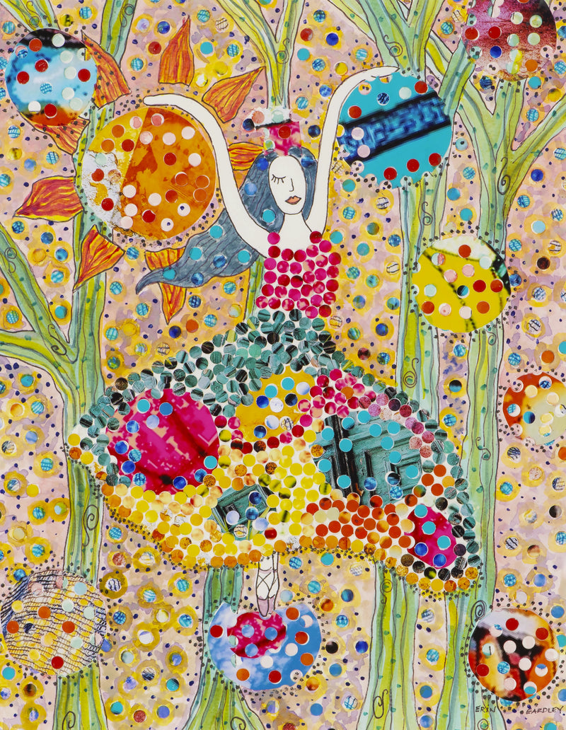 Hole punch mixed media artwork depicting a woman with blue hair 