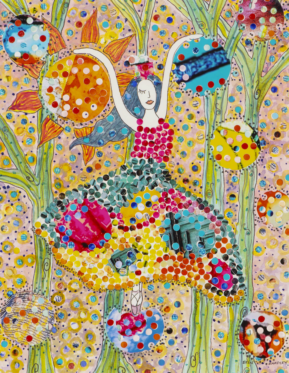 Hole punch mixed media artwork depicting a woman with blue hair 