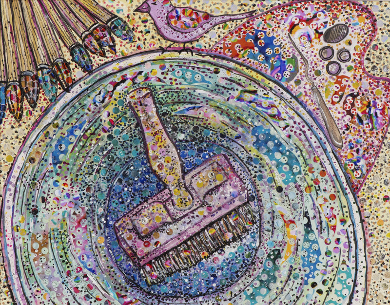 Hole Punch artwork featuring paintbrush, palette, and bird in colorful dots