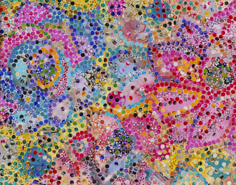 Hole Punch artwork made of colorful layered paper dots forming abstract patterns