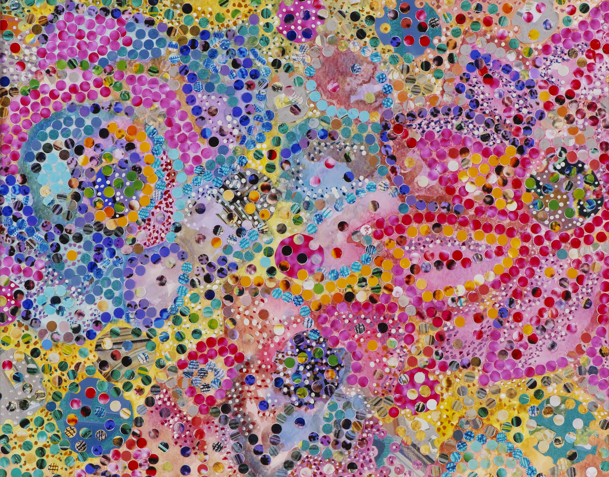 Hole Punch artwork made of colorful layered paper dots forming abstract patterns