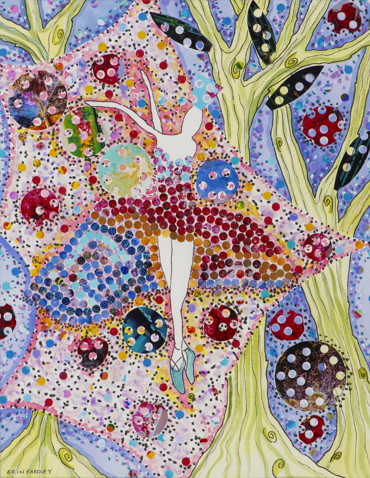 Hole Punch artwork showing ballerina dancing among trees and colorful circles