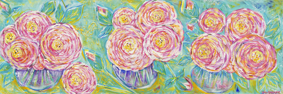 Three vases of pink and yellow flowers painted on teal background