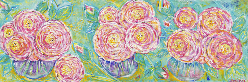 Three vases of pink and yellow flowers painted on teal background
