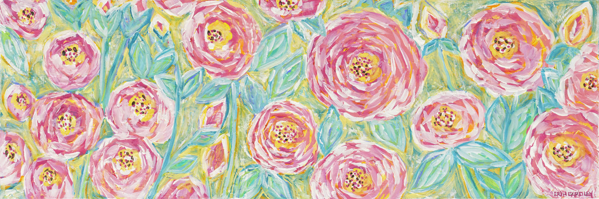 Pink and yellow flowers painted on teal background