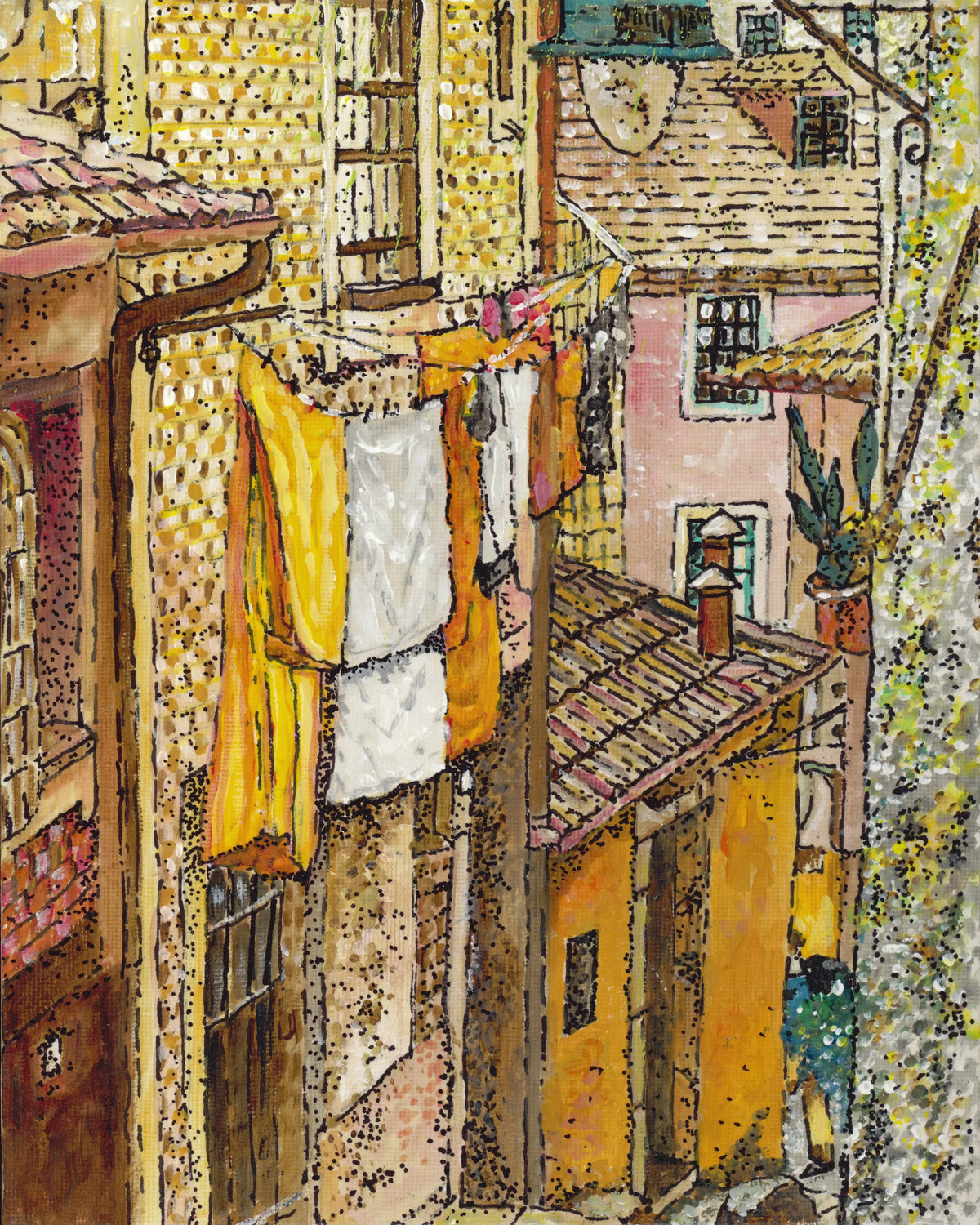 Camino watercolor of a narrow street with yellow walls and laundry hanging between buildings
