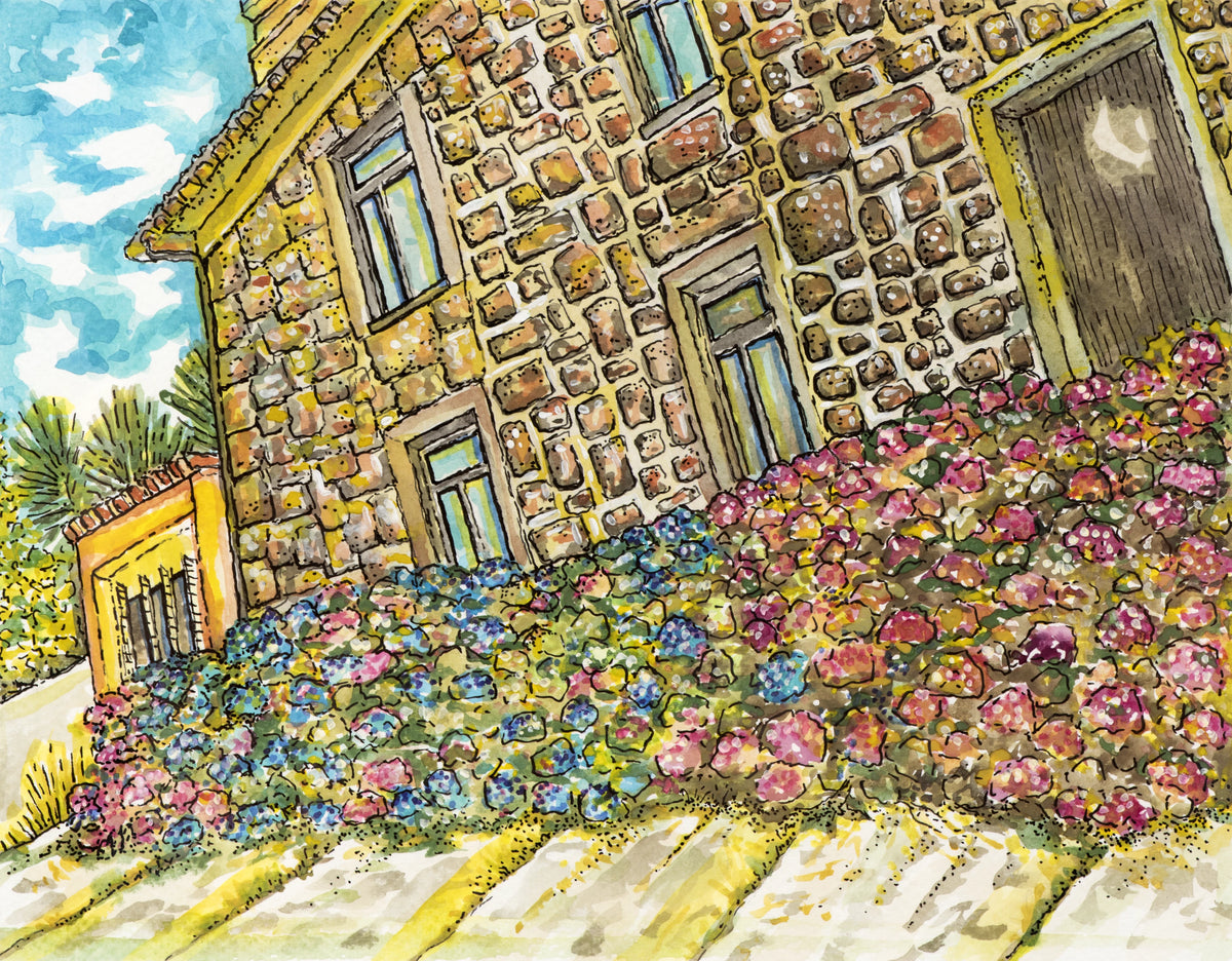 Camino painting of a stone house with colorful flowers in front