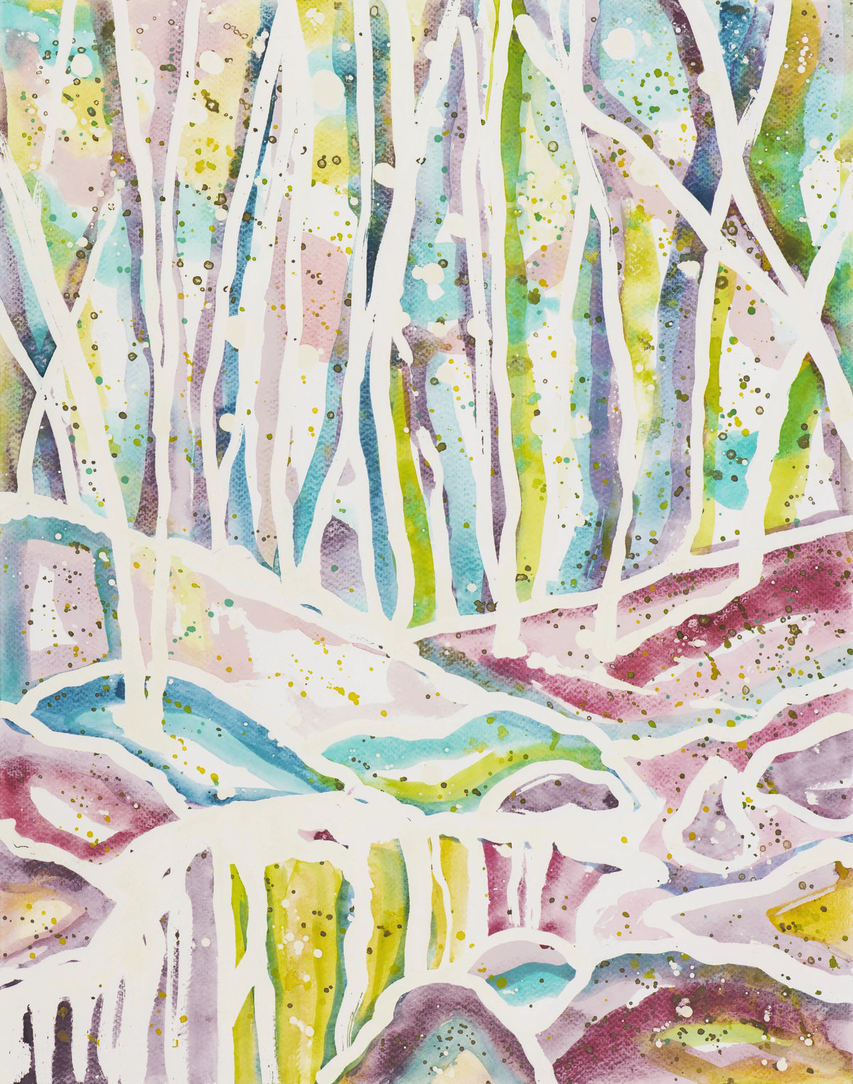 Abstract watercolor painting of white tree trunks in a colorful forest