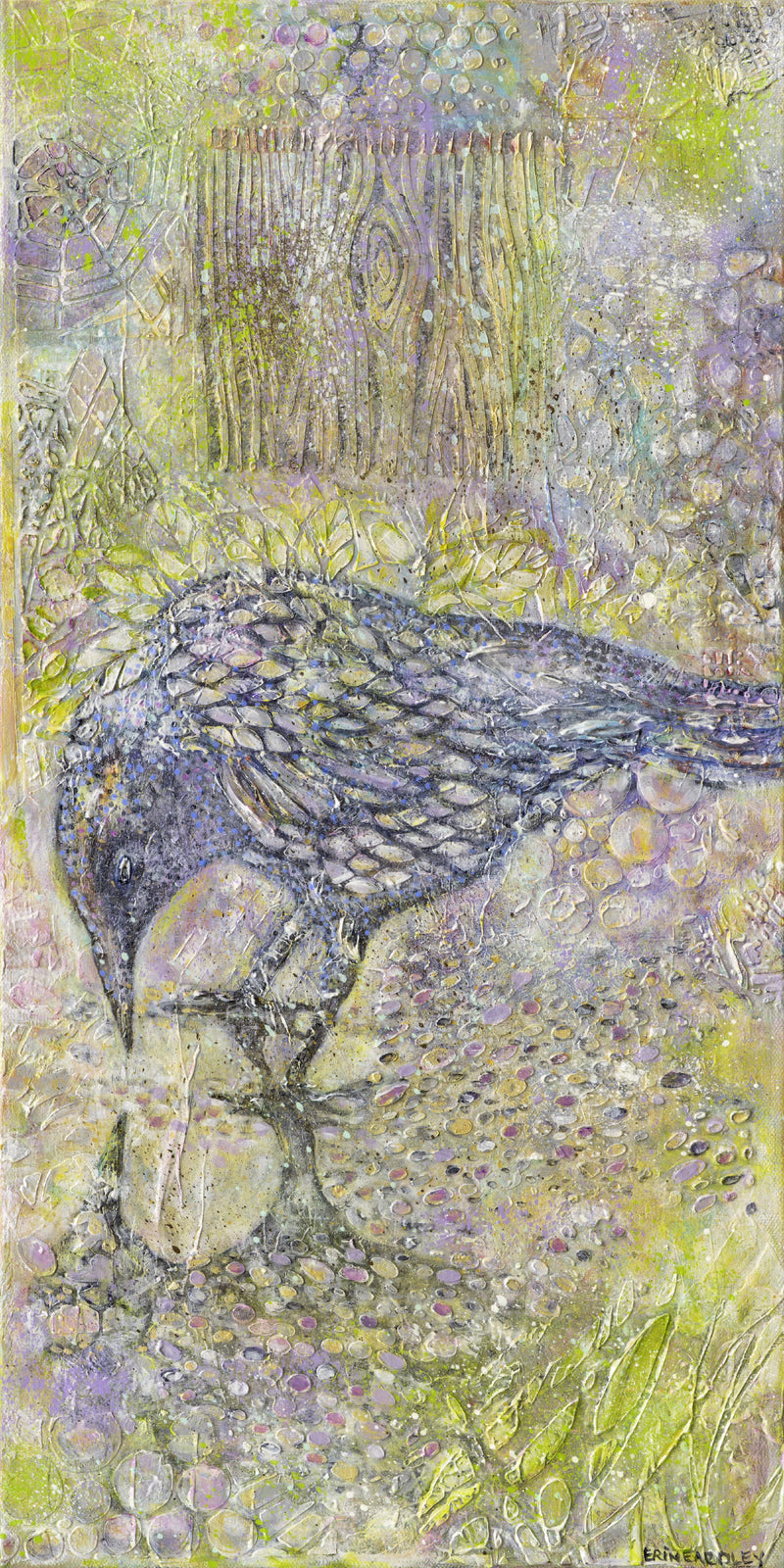 Camino-style mixed media artwork depicting a bird pecking at the ground, textured with patterns in shades of lavender, green, and gold