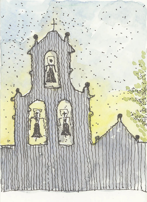 Camino watercolor painting of a church tower with bells