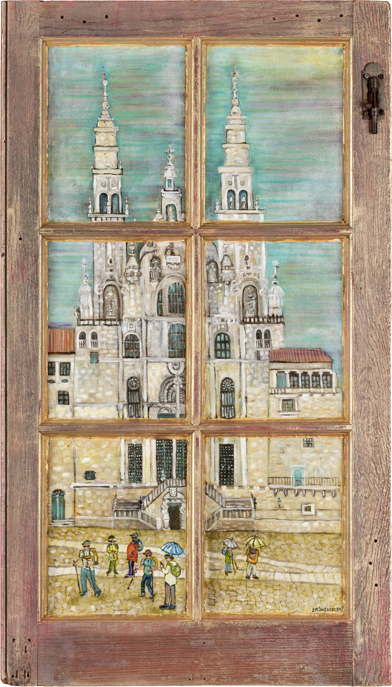 Camino painting of Santiago de Compostela Cathedral viewed through a rustic wooden window frame with pilgrims standing below