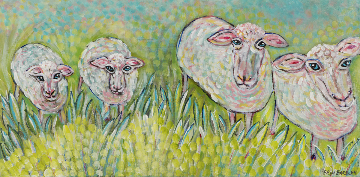 Four sheep standing in tall green grass 