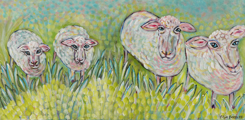 Four sheep standing in tall green grass 