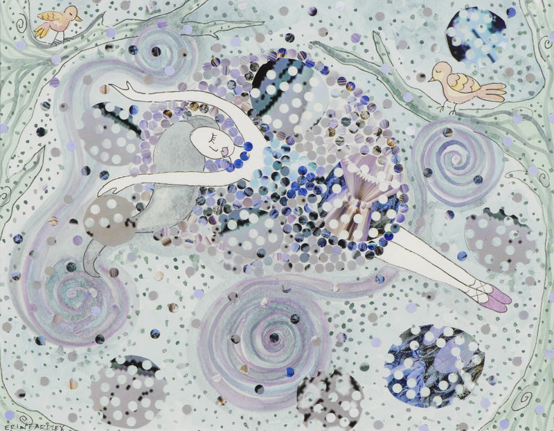 Hole Punch painting of a sleeping ballerina surrounded by soft pastel dots and birds
