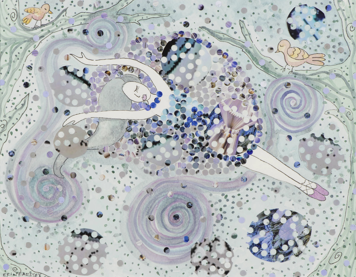 Hole Punch painting of a sleeping ballerina surrounded by soft pastel dots and birds