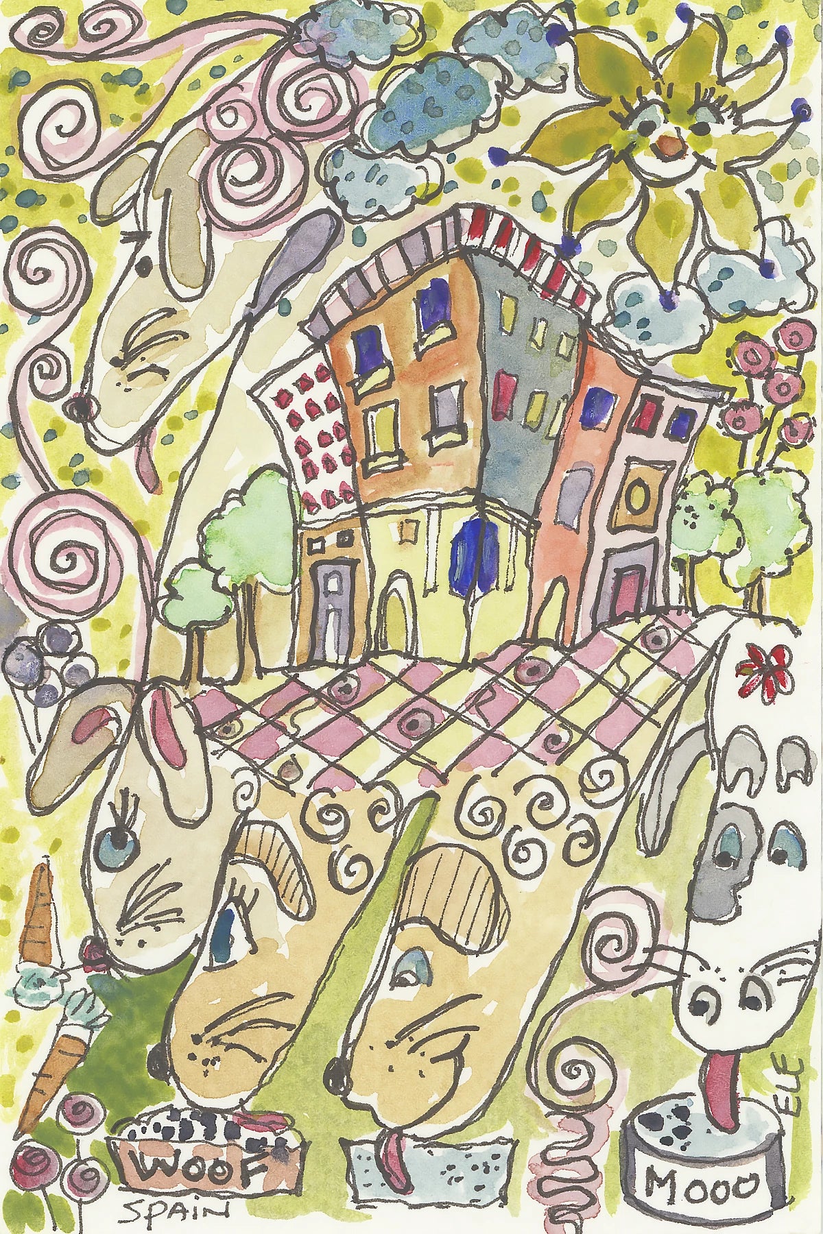 Camino illustration of dogs, sun, and colorful buildings in Spain