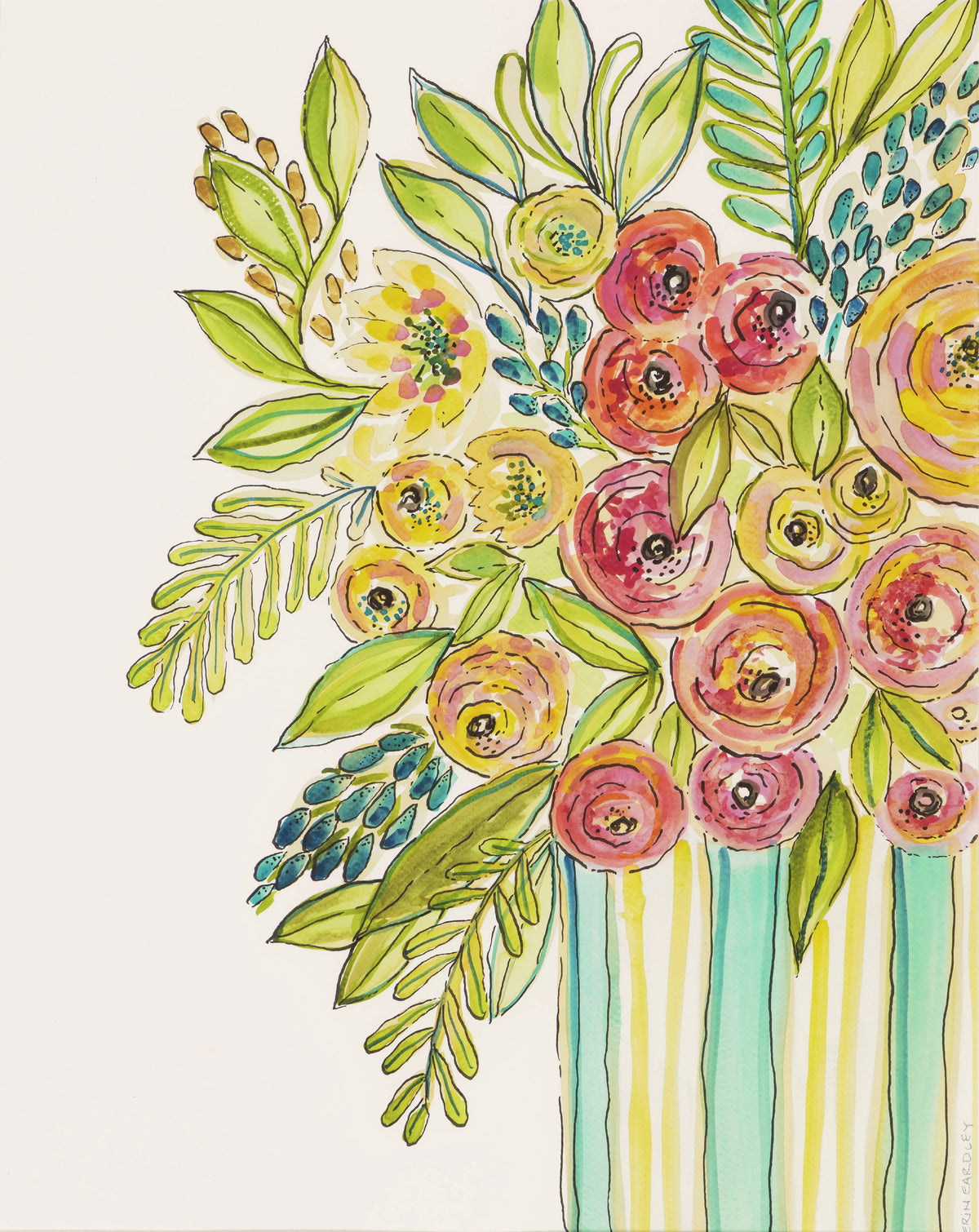 Watercolor bouquet of pink and yellow flowers with green leaves in a striped vase