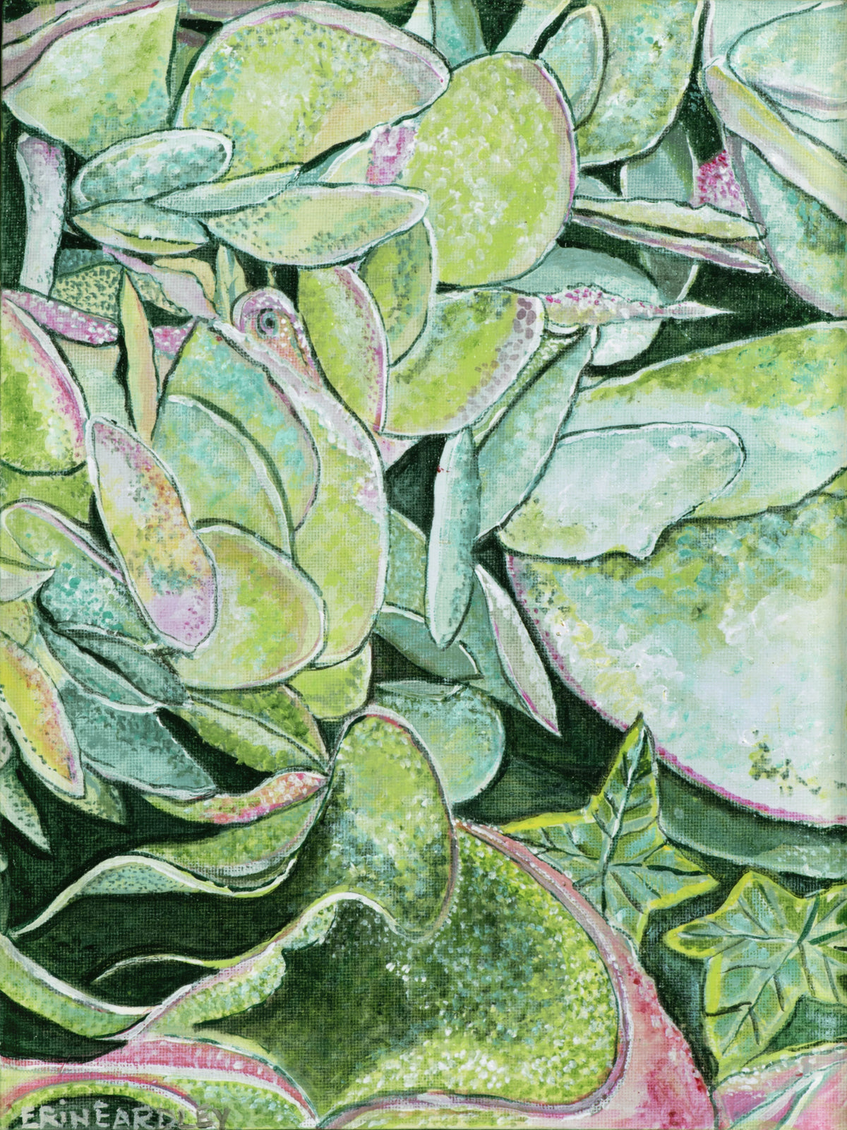 Painting of overlapping green succulent leaves with hints of pink and yellow