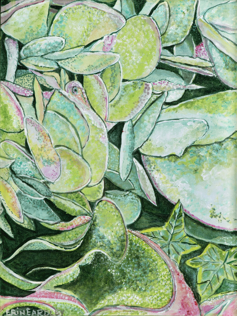 Painting of overlapping green succulent leaves with hints of pink and yellow
