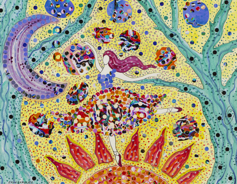 Hole Punch painting of a ballerina dancing between the sun and moon on a dotted yellow background