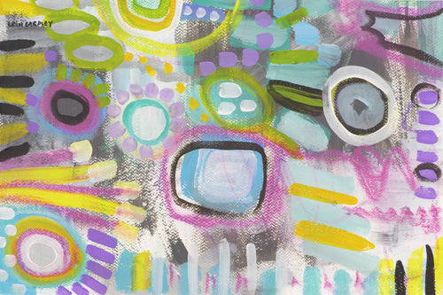 Abstract painting with colorful circular and geometric shapes