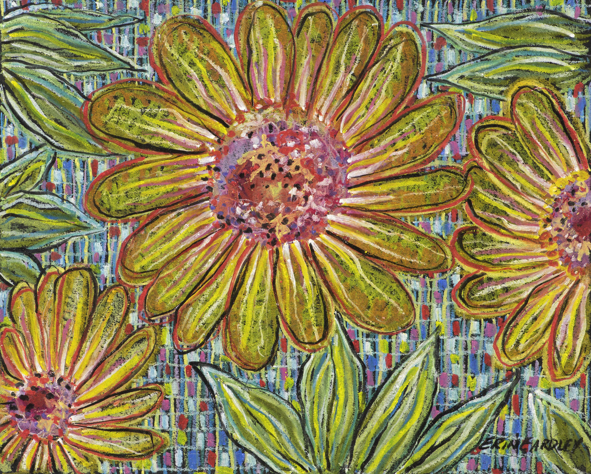 Yellow flowers with green leaves on colorful patterned background