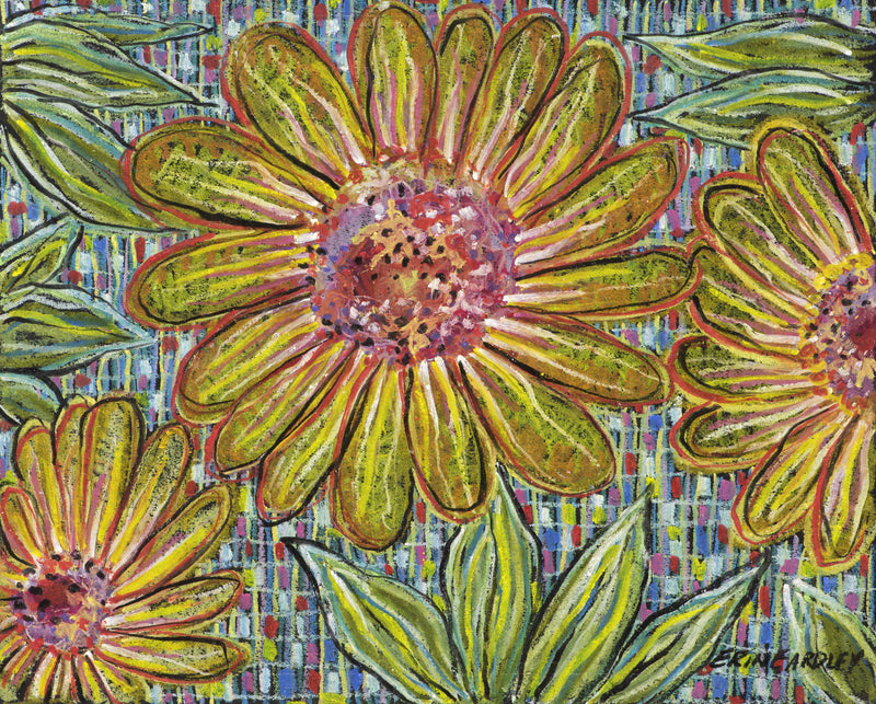 Yellow flowers with green leaves on colorful patterned background