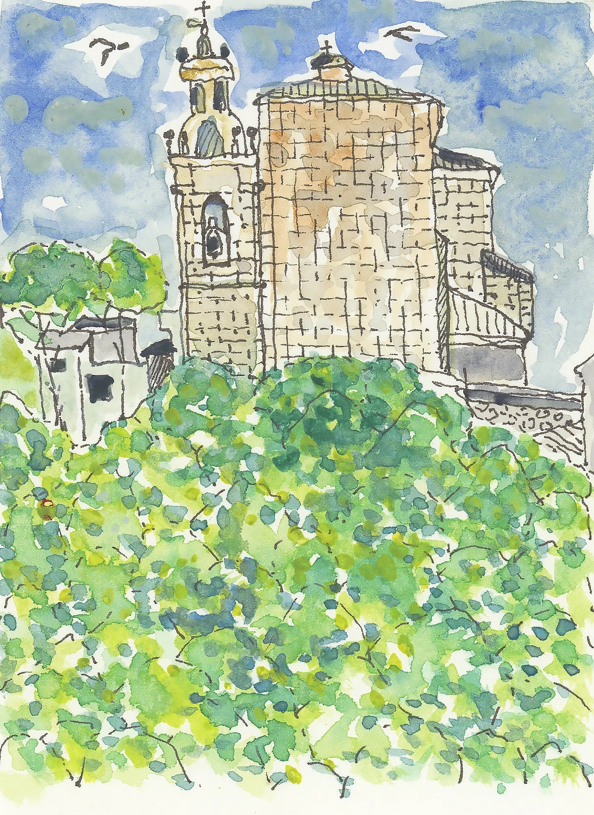 Camino sketch of a stone church behind green trees
