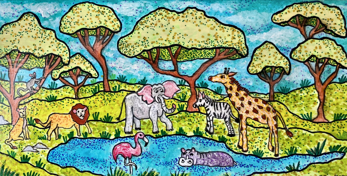 Colorful savanna scene with animals around a pond