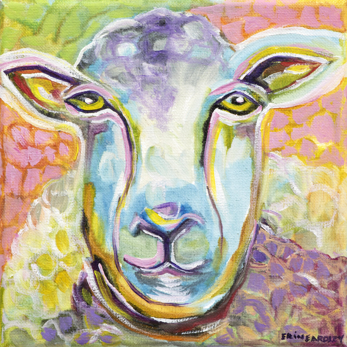 Colorful abstract sheep portrait with expressive eyes