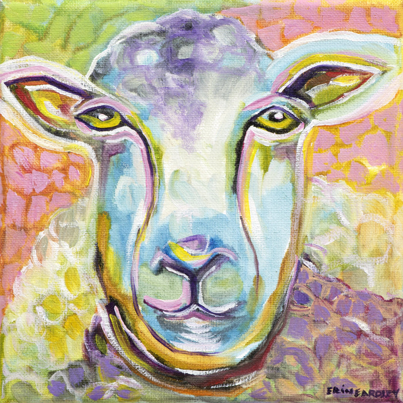 Colorful abstract sheep portrait with expressive eyes