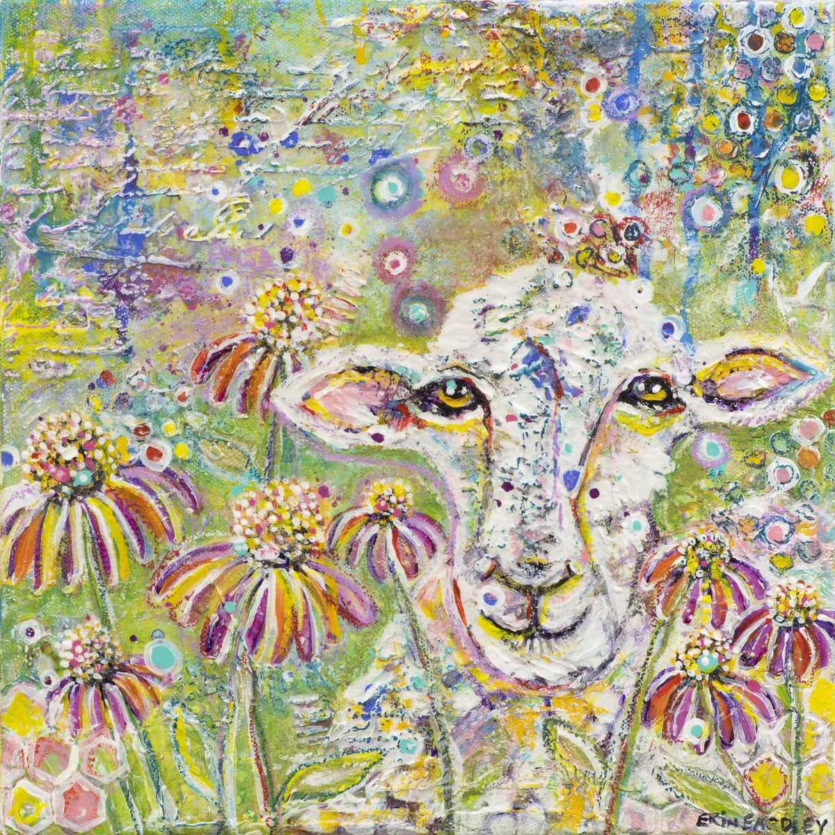 Colorful abstract sheep portrait with expressive eyes