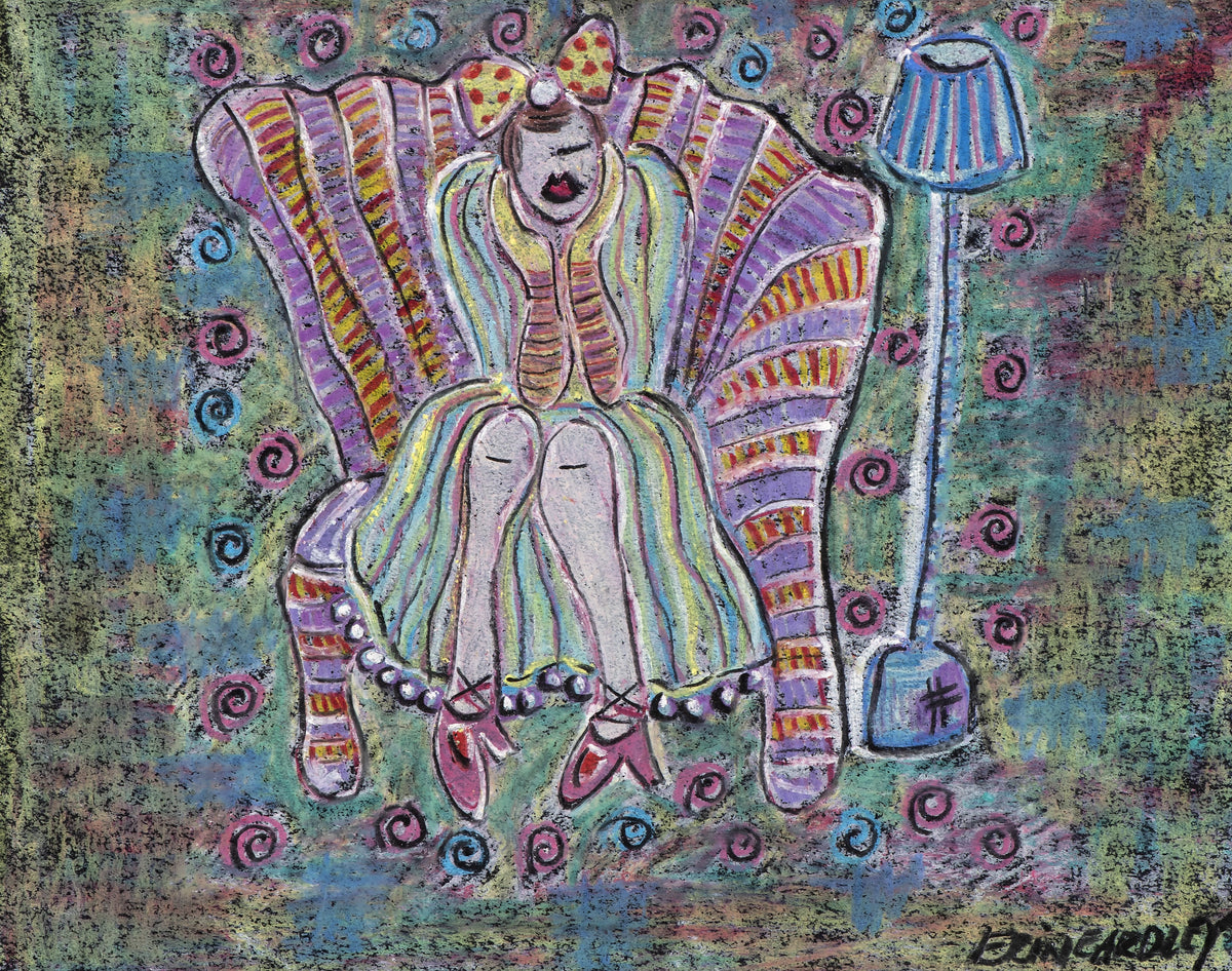 Colorful abstract figure sitting in a patterned chair
