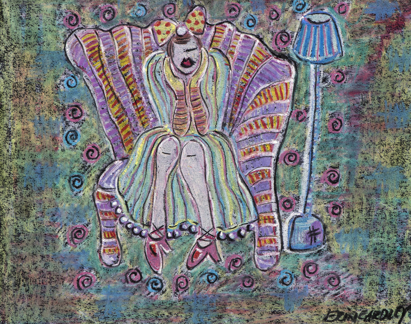 Colorful abstract figure sitting in a patterned chair