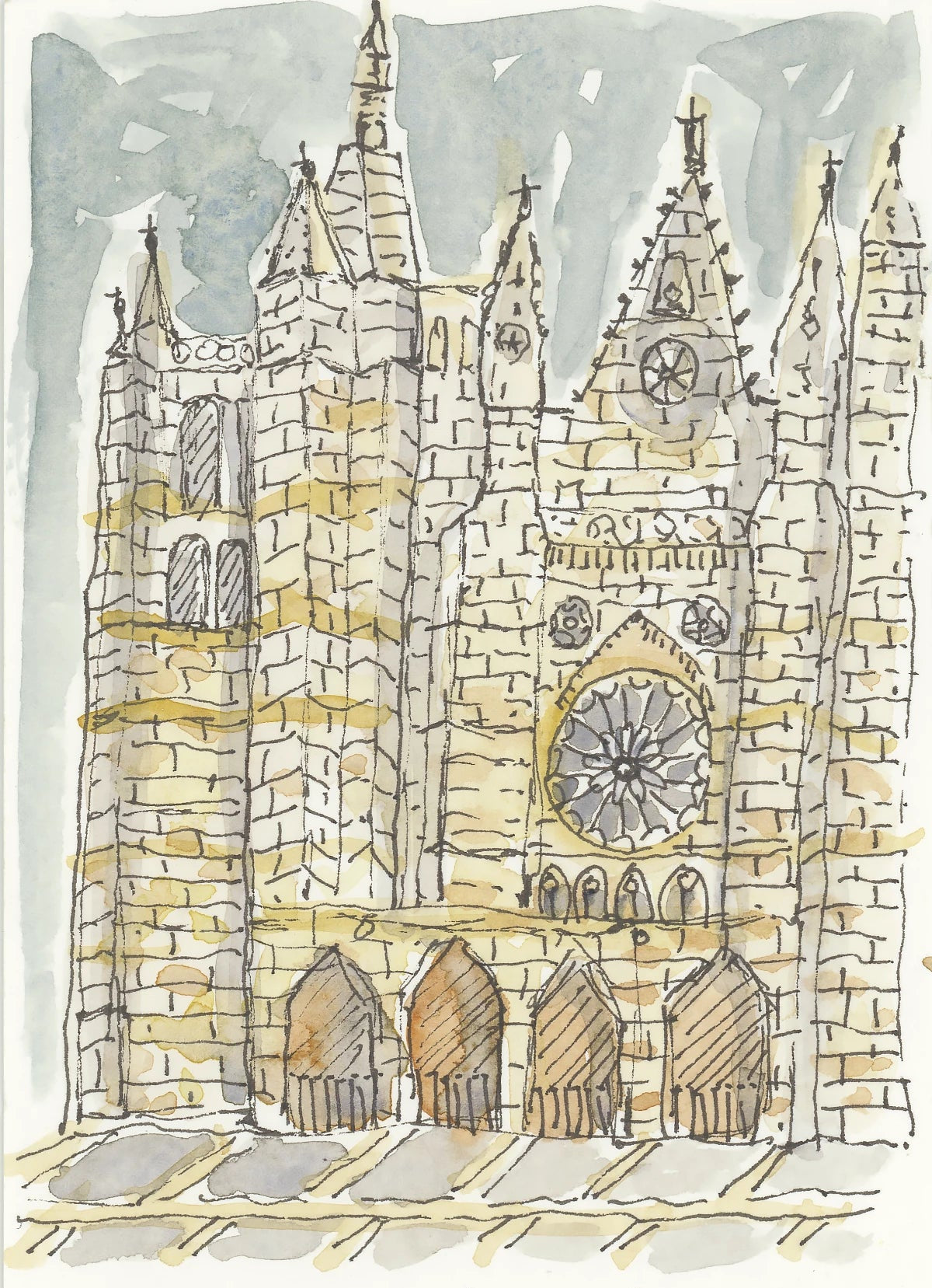 Camino sketch of León Cathedral with rose window