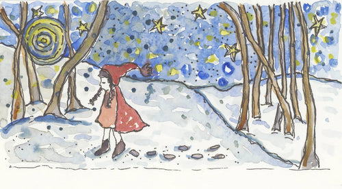 Girl in red coat walking under stars in snowy forest