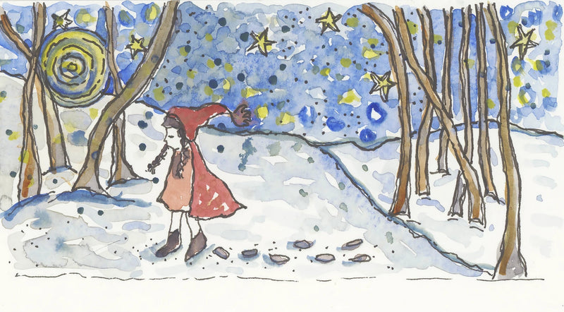 Girl in red coat walking under stars in snowy forest