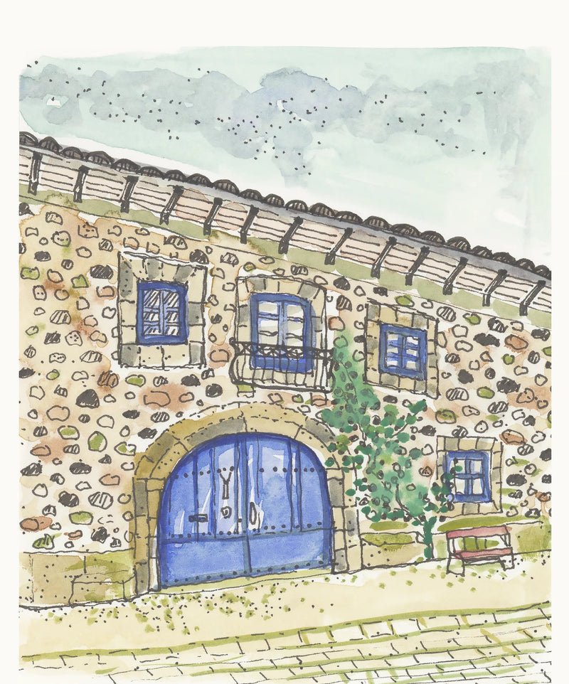 Camino watercolor of stone house with blue doors and windows