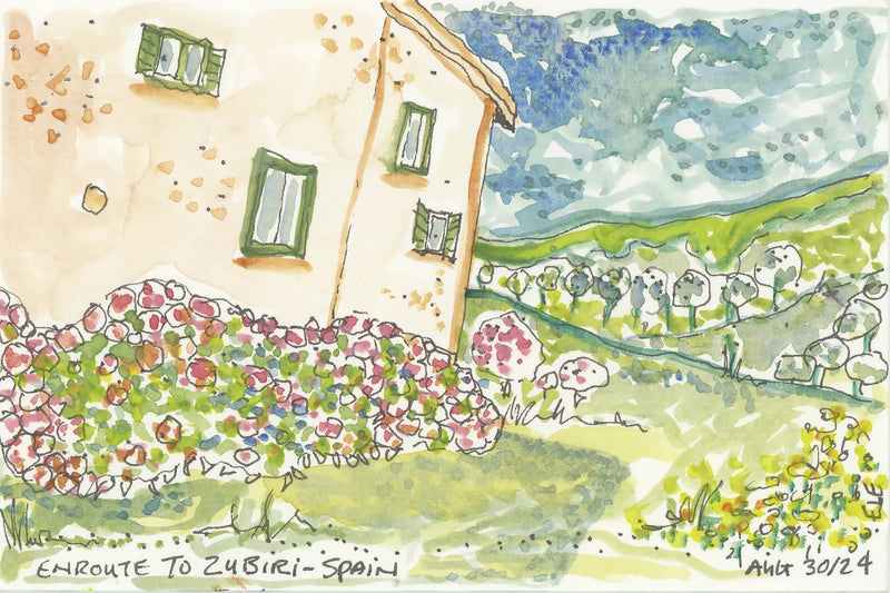 Camino watercolor of house with green shutters and blooming bushes en route to Zubiri, Spain