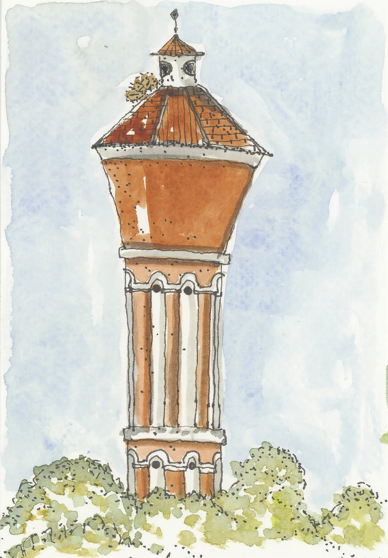 Camino watercolor of a tall red-brick tower with white accents against blue sky