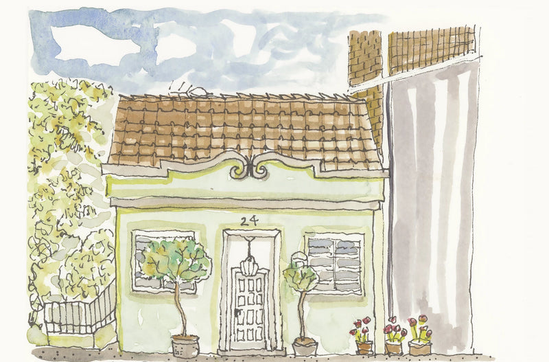 Camino watercolor of a small green house with potted plants and a tiled roof under a bright sky