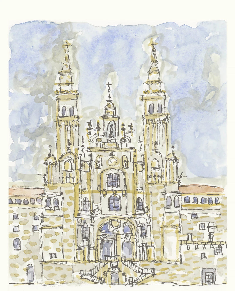 Camino watercolor painting of a church tower with bells